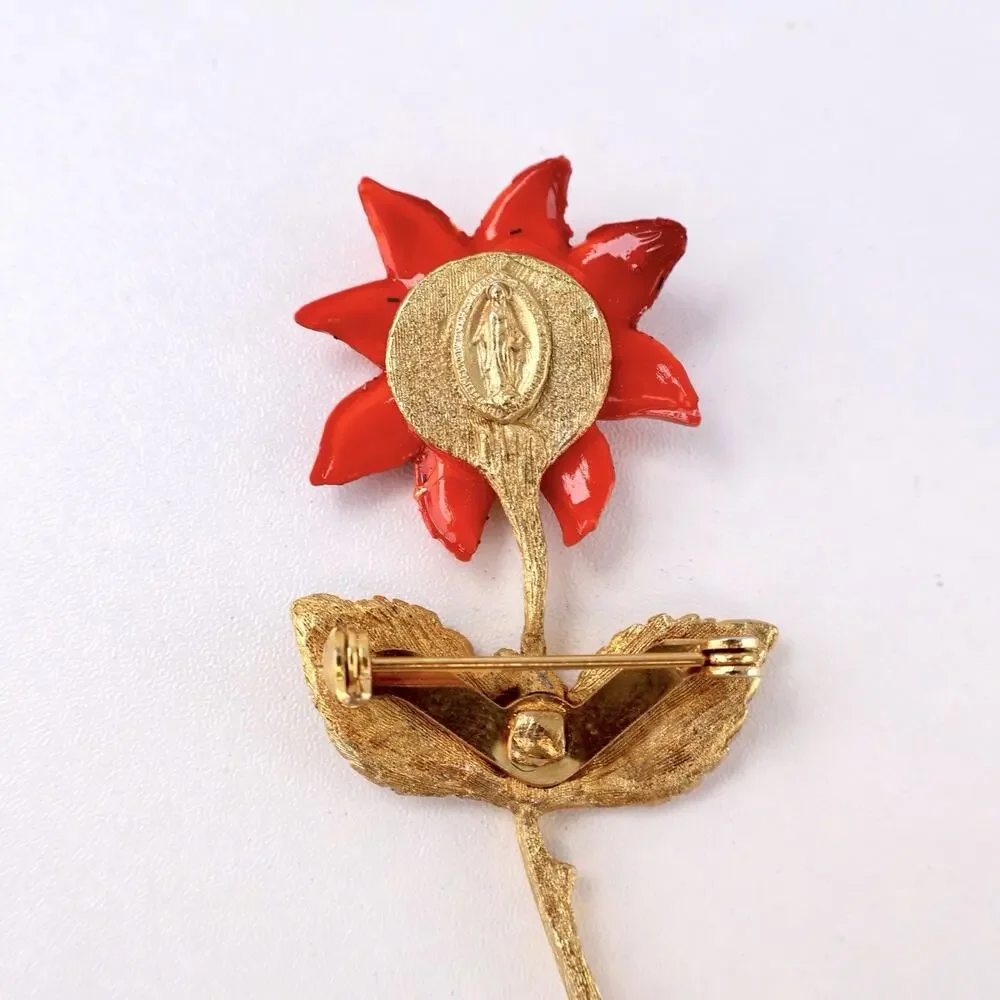 Vintage Miraculous Medal Virgin Mary Flower Brooch‎ Pin Catholic Religious 3
